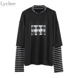 Lychee Spring Autumn Women T Shirt Character Letter Print Stripe Patchwork Casual Loose Long Sleeve T Shirt Tee Top 201028