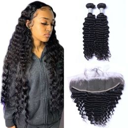 Cambodian Human Hair Deep Wave Extensions Pre Plucked 13x4 Lace Frontal Closure with Bundles 3 pieces/lot