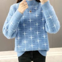 Blue Sweaters Women knitted Pullover Warm Pattern Mohair Orange Thick Plush Wool Winter Warm Autumn Loose Soft fur Cashmere 201221