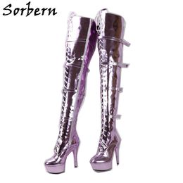 Sorbern Metallic 15Cm High Heel Women Boots Crotch Thigh High Unisex Ladyboy Boot Lace Up 4 Straps Buckles Pole Dance Heels