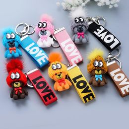 6 Colours Cute Bear Keyring Wristband keychain Holder Fashion Women Girls Men Teddy Bear with Hat Design Pendant Key Ring for Car Keys