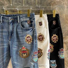 Men's Jeans men's autumn and winter new high-end light luxury fashion brand crown badge embroidery slim fit casual Leggings