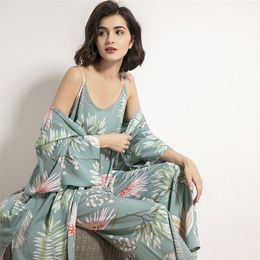 Spring & Autumn Cartoon Sunflower Printed Women Sleepwear Light Blue Cotton Satin Pyjamas Set Ladies Loose Thin Homewear 201217