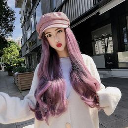 Long Synthetic Octagonal Cap Hair Wig Natural Black Brown Pink Wavy Wigs For Women Fashion Full Head Cover Wig Hat