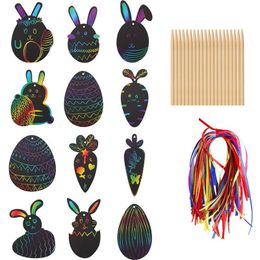 Easter Scratch Paper Art Set Kids Rainbow Magic Scratch Off Egg Rabbit Shaped Paper with Wooden Stylus and Hanging Rope