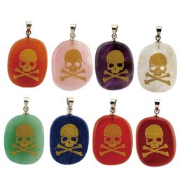 Natural Gemstone Engraved Skull Head Fashion Pendant 8 Colours Hip Hop Punk Style Men Women Drop Necklace Amethyst Rose Quartz Heal Stone Halloween Creative Jewellery