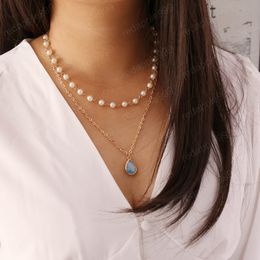 Imitation Pearl Necklace Blue Stone for Woman Necklace Pendants Fashion Jewelry Long Chain Beads Choker