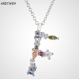 ANDYWEN 925 Sterling Silver Elegant 26 Letters Pendant Mini Initial F P Necklace Long Chain Platium Plated CZ Colar Jewellery Q0531