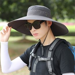New Men Solid Bucket Hat Large Wide Brim Military Hats Chin Strap Fishing Cap Jungle Hunting Caps Sun Protection A1 Y200714
