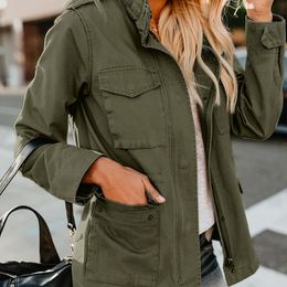 Green Jackets Women Long Sleeve Warm Outwear Snap Button Streetwear Winter Autumn Women's Jacket with Zipper Cropped Casual Coat 201109