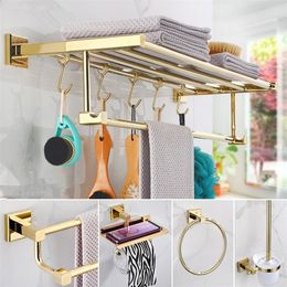 Bathroom Accessories Towel Rack,Paper holder Toilet Brush Holder,Towel Ranger,Hooks Brass Material Gold Bath Hardware Sets LJ201209