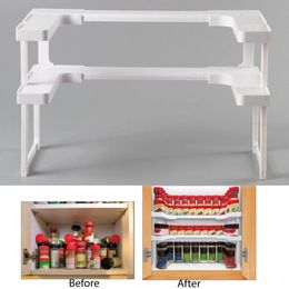2 Layers Kitchen Cabinet Cupboard Organiser Adjustable Kitchen Storage Shelf Spice Rack Countertop Organiser Cabinet Storage Y200429