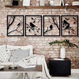 Bird And Tree Design Wall Decor Picture 4PCS Set Black Wood Laser Cut Sticker Ornament Painting Home Office Room Luxury Design 220122