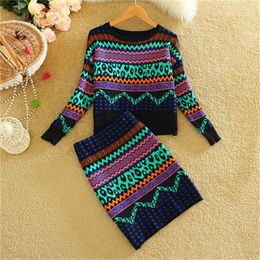 New Autumn Winter Women Print Sweater Sets Wool Tops and Bodycon Pencil Skirt Set Casual Two Piece Set LJ201125