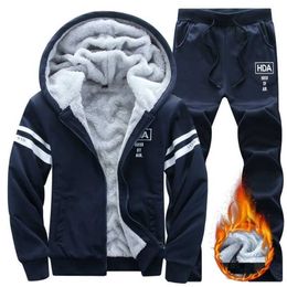 Winter Men Set Casual Warm Thick Hooded Jacket+Pants 2PC Sets Inner Fleece Hoodies Zipper Tracksuit Male Sports Suit Outwear 211230