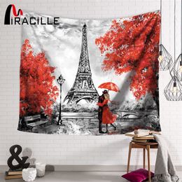 Miracille Europe Romantic City Paris Eiffel Tower Pattern Tapestry Wall Hanging for Home Decorative Polyester Wall Cloth Carpet T200601