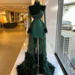 A Luxurious Green Line Evening Dresses Feathers High Neck Long Sleeve Sequined Pearls Prom Gowns Custom Made Vestido De Novia