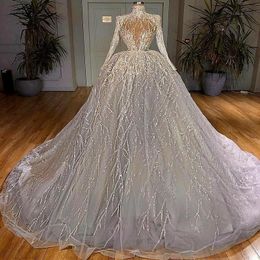 Sequined Ball Gown Wedding Dresses Long Sleeves Beading High Neck Bridal Gowns Arabic Custom Made Robes De Marie
