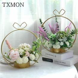 Ins Nordic artificial flower set (flower+vase) ceramic golden vase rose peony simulation plants pot home decoration fake flowers LJ200910