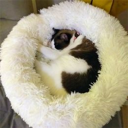 Round Long Plush Kennel Cats House Super Soft Cotton Mat Sofa Chihuahua Animals Pet For Cat Dog Bed 201223