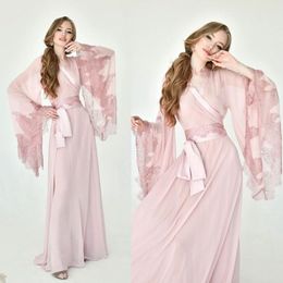 Chic Pink Satin Silk Night Robes Women Lace Appliques Long Sleeve Dress with Belt Both Robe Formal Event Overlay Sleepwear