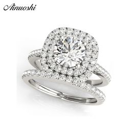 AINUOSHI 925 Sterling Silver Women Wedding Engagement Ring Sets Double Halo 1ct Round Cut Wedding Ring Sets anillos de plata Y200106