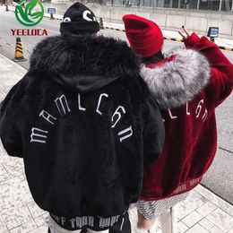 Winter Plush Fur Collar Hoodie Jacket Coat Warmth Hip Hop Couple Men Women Streetwear Oversized Parkas High Quality 201217