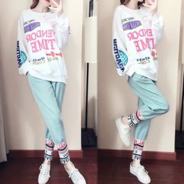 ladies sports clothing UK - Casual Sports Clothing WOMEN'S Suit Spring Autumn 2020 New Style Korean Students Ladies Dress Loose-Fit Hoodie Two-Piece Set LJ201012