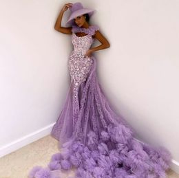 Tiered Ruffles Purple Prom Dresses Illusion Sheer Neck Lace Appliques African Evening Dress Plus Size Formal Sweep Train Gowns