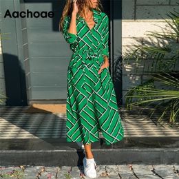 Aachoae Striped Shirt Dress Women Summer Bandage Pockets Decorate Casual Dress Long Sleeve Fit And Flare Lady Dresses Ropa Mujer LJ200820