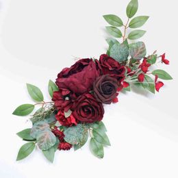 Gifts for women 2pcs Artificial Flowers Wine Red Wedding Backdrop Wreath Decor Welcome Card Sign Corner Wall Props Arrange Arch Fake Flower Row