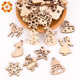 50pcs Multi Styles Creative Wood Chips Pendants Christmas Series Decorations Heart Star XMAS Tree Ornaments Wooden Crafts Decor Y201020