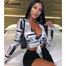 Rockmore Newspaper Letter Print Women T Shirt Deep V-neck Sexy Tees Shirts Long Sleeve Crop Top Streetwear Basic Tshirt Womens 201125