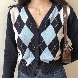 Vintage V-Neck Plaid Long Sleeve Women Sweater Autumn Winter Short Knitted Cardigan Sweaters Womes England Style Tops 201111