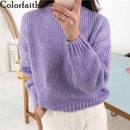 Colorfaith New Autumn Winter Women's Sweaters Casual Minimalist Fashionable Korean Style Knitted Sweater Pink Purple SW5073 201023