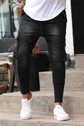 Black Joggers Pencil Men Gym Fitness Jeans Male Multi-pocket Casual Skinny Pants Pocket Zipper Slim FIt Work IPRA