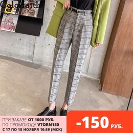 Colorfaith New Autumn Winter Women Pencil Pant Plaid High Waist Pocket Korean Style Casual Ankle-Length Cheque Pants P1020 201119