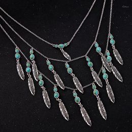 Pendant Necklaces Silver Colour Chain Retro Layered Necklace Patterned Blue Acrylic Alloy Feather Charm Statement For Women Gifts1
