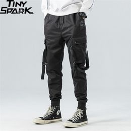 Hip Hop Cargo Pockets Men Streetwear Harajuku Joggers HipHop Swag Ribbion Harem Pants Fashion Casual Trousers 201221