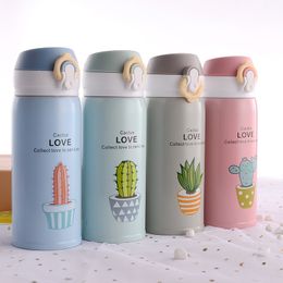 LDFCHENNEL 350ml Cartoon 304 Stainless Steel Bounce Cover Vacuum Thermos Creative Small Fresh Cactus Portable Water Bottle LJ201221