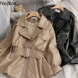 Neploe Fall Women Leather Short Jacket Turn-Down Collar Korean Style Fashion Faux Leather PU Coat with Belt Slim Outwear Full 201210