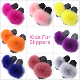 Kids Girls Fur Slippers Real Fox Fur Plush Shoes Children Outdoor Fluffy Slippers Non-slip Furry Home Slides Cute Plush Shoes 201130