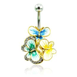 barbell belly button piercing UK - Fashion Belly Button Rings Stainless Steel Barbell White Rhinestone Multicolor Enamel Butterfly Navel Rings Body Piercing Jewelry Vprlu
