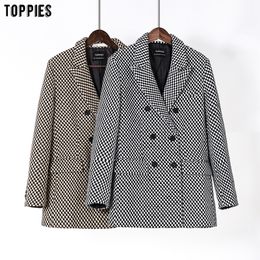toppies vintage Houndstooth Woollen Jacket double breasted long coat women outwear winter clothes 201027