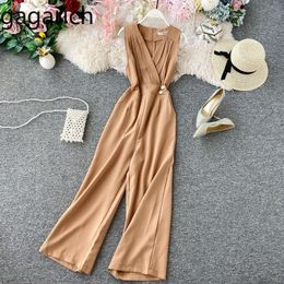 Gagarich Ladies Elegant Rompers Women Jumpsuit Summer Fashion V Neck Sleeveless Slim Waist Solid Wide Leg Pants Tide T200509