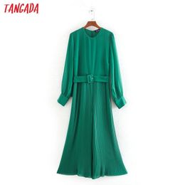 Tangada Women pleated green long jumpsuit with belt long Sleeve o neck back zipper female elegant work lady Jumpsuit CE109 T200509