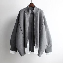 Zipper Sweater Coat Autumn winter New Causal Knitwear Long Sleeve Korean style Fake Two Pieces Knitted Jacket Patchwork 201031