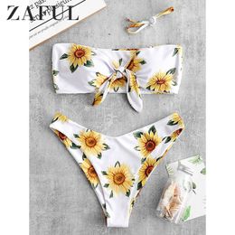 ZAFUL Sunflower Print Knot Bandeau Bikini Set 2019 Strapless Wire Free Swim Suit Floral Bathing Suit Women Summer Cute Swimwear T200708