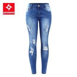 Youaxon EU SIZE Ripped Fading Jeans Women`s Plus Size Stretchy Denim Skinny Distressed Jeans For Women Jean Pencil Pants 201105