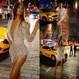 NEW! Long Sleeve 2022 Cocktail Dresses Sexy Short Deep V Neck Crystal Beads Prom Dress See Through Sexy Mini Evening Gowns